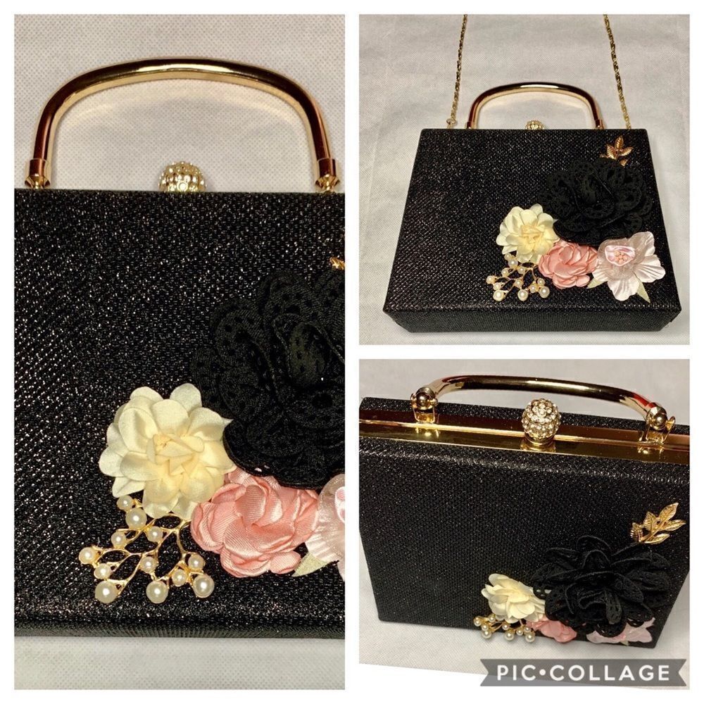 Evening bag, black 3D floral detail NWOT